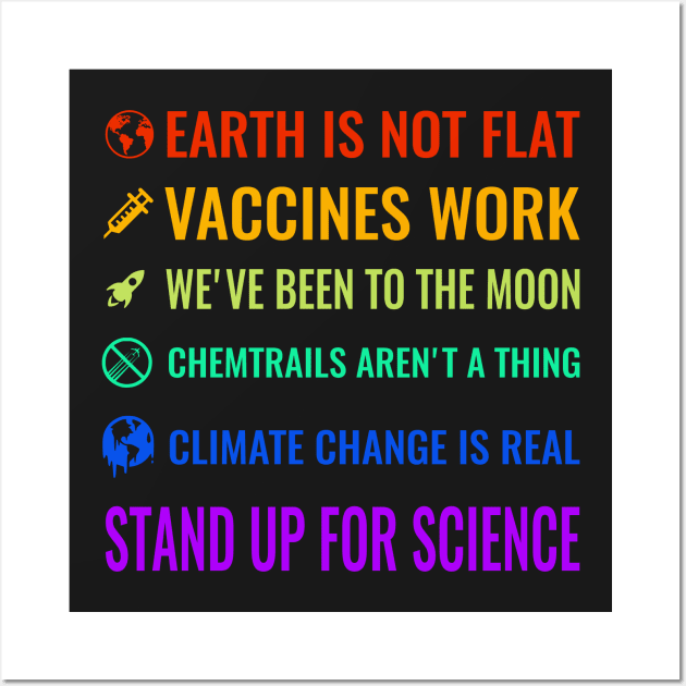 Earth is not flat! Vaccines work! We’ve been to the moon! Chemtrails aren’t a thing! Climate change is real! Stand up for science! Wall Art by simbamerch